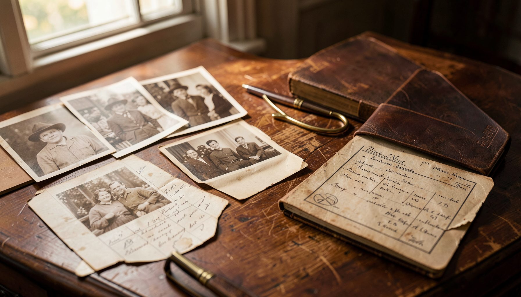 A warm-toned vintage desk with scattered sepia family photographs, handwritten pedigree charts, and an old leather-bound journal, lit by soft window light.