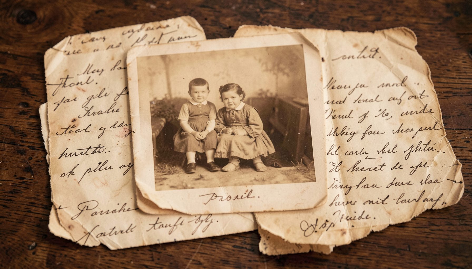 A warm-toned vintage family photograph resting on aged paper, surrounded by handwritten notes and sepia hues, evoking generations of heritage