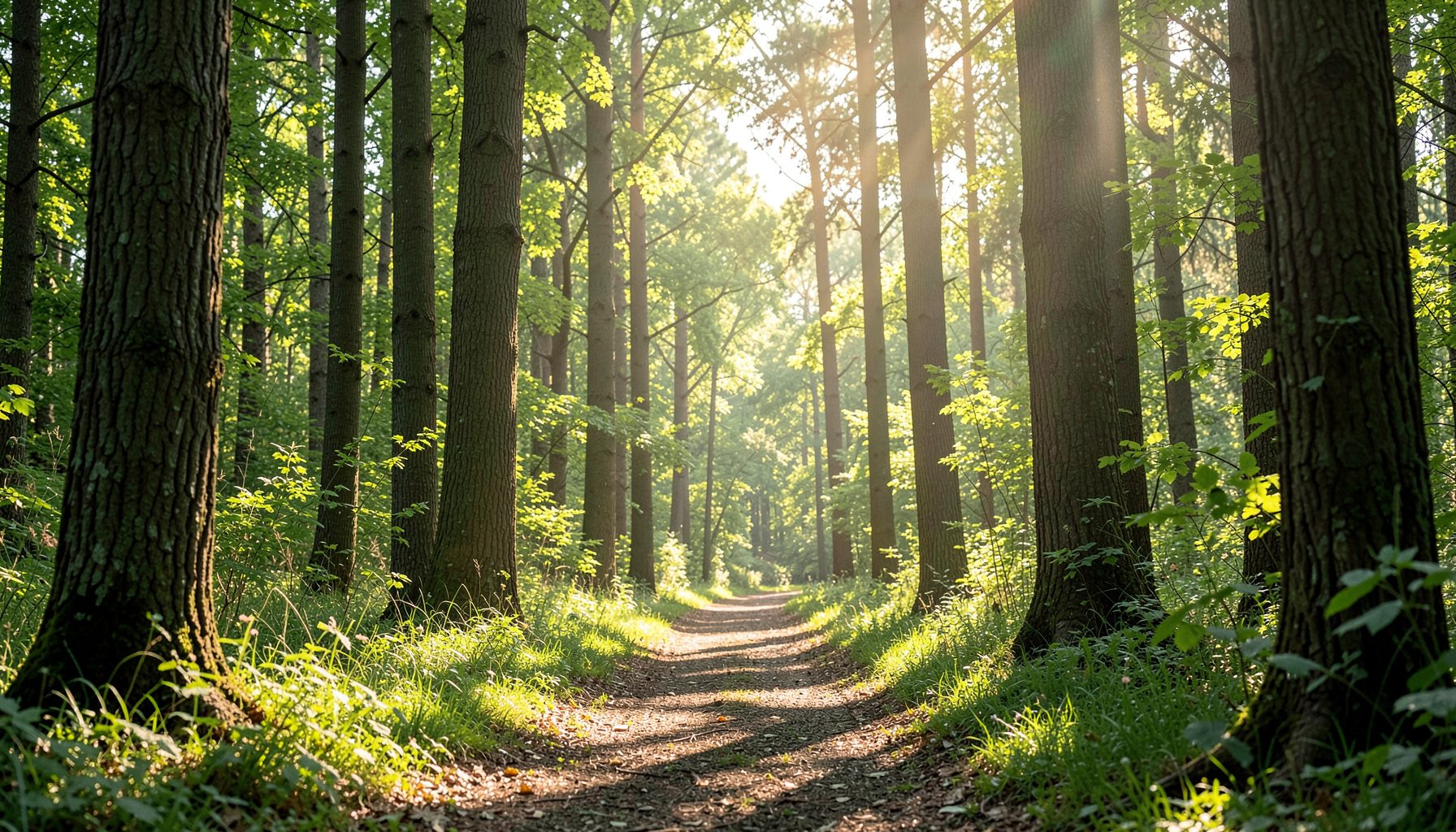 Soft morning light filtering through tall trees onto a quiet woodland path, with dappled shadows and fresh green foliage evoking the gentle awakening of spring