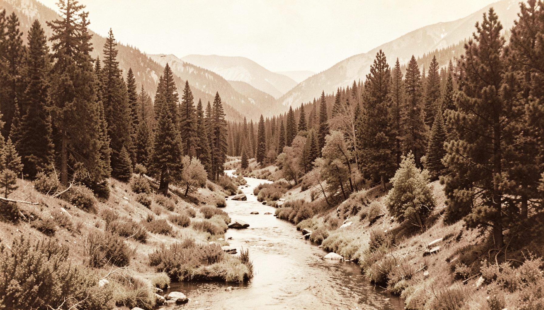 Faded sepia-toned landscape of a quiet mountain valley with a narrow stream winding through pine forest, evoking the Island Park, Idaho region