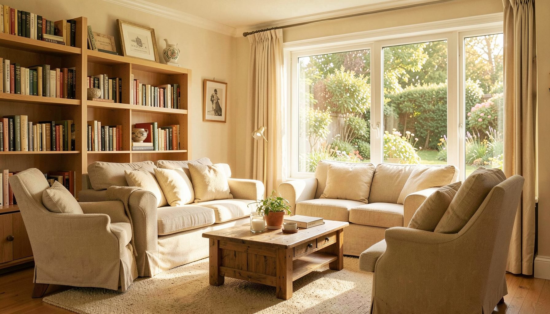 A warm, sunlit living room with comfortable seating, bookshelves, and large windows looking out onto a garden, in soft golden and cream tones